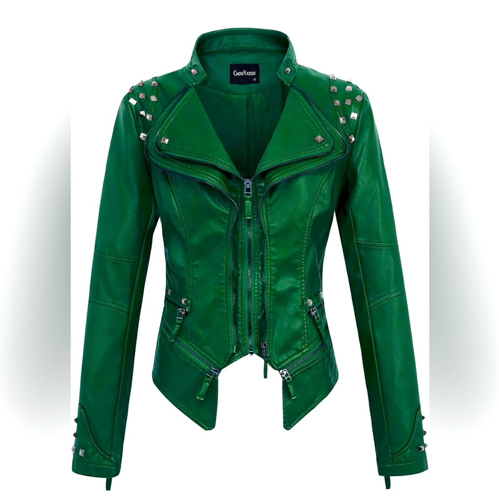 🐊Chouyatou Women's Studded Green Faux Leather Biker Jacket🐊